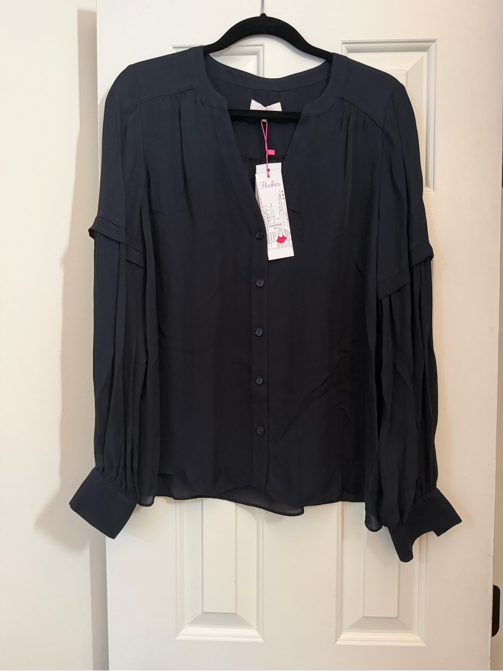 Women's Black Button-Front Blouse with Pleated Long Sleeves Parker
